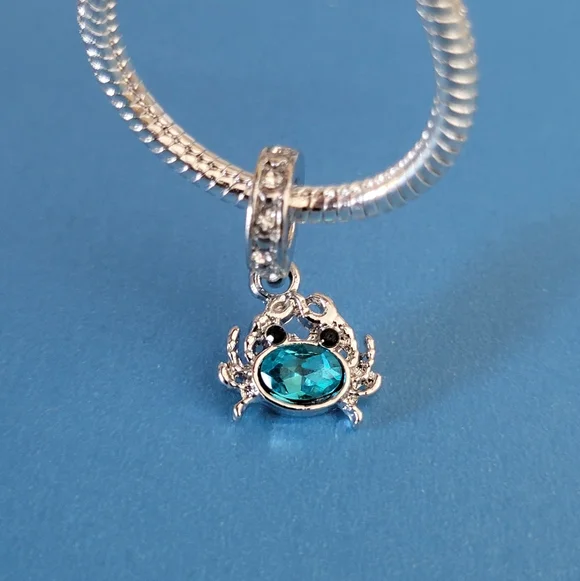 New! For Pandora Charm Bracelet Aqua Blue and Silver Color Crab Dangle Charm - Picture 3 of 8